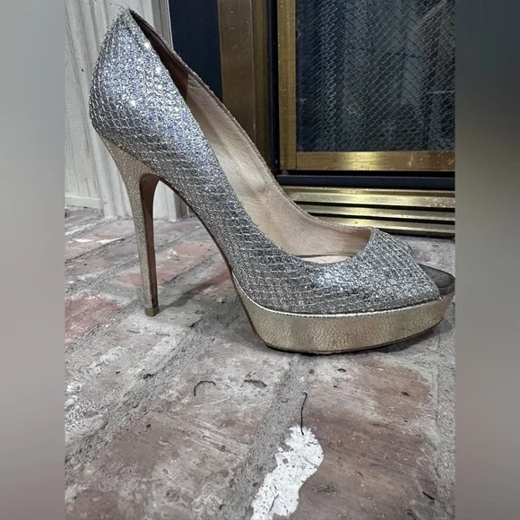 Jimmy Choo Glitter Platform Heels Size 38 EU /8 US Gold Silver Sparkle Stilettos - Picture 9 of 16